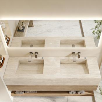 Preview: Muxing Badmöbel-Set mit Sinterstein-Doppelwaschbecken in Travertine look, verdecktem Ablauf, Spiegel, Unterschrank, Ablage, Ablaufgarnitur【SPX57-DS】