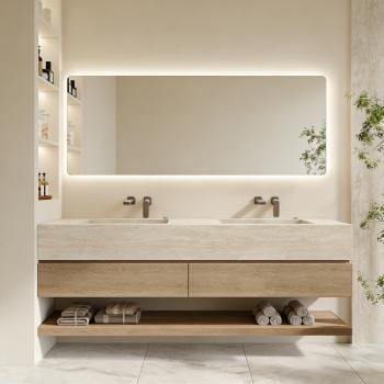 Preview: Muxing Badmöbel-Set mit Sinterstein-Doppelwaschbecken in Travertine look, verdecktem Ablauf, Spiegel, Unterschrank, Ablage, Ablaufgarnitur【SPX57-DS】