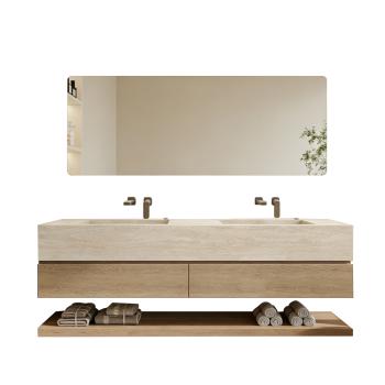 Muxing Badmöbel-Set mit Sinterstein-Doppelwaschbecken in Travertine look, verdecktem Ablauf, Spiegel, Unterschrank, Ablage, Ablaufgarnitur【SPX57-DS】