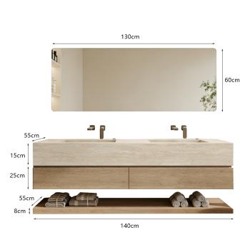 Muxing Badmöbel-Set mit Sinterstein-Doppelwaschbecken in Travertine look, verdecktem Ablauf, Spiegel, Unterschrank, Ablage, Ablaufgarnitur【SPX57-DS】