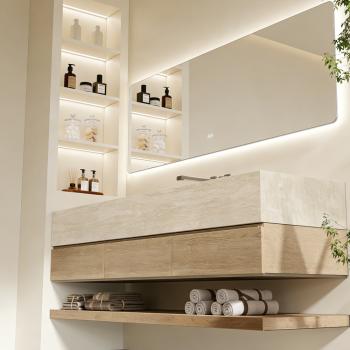 Preview: Muxing Badmöbel-Set mit Sinterstein-Waschbecken in Travertine look, verdecktem Ablauf, Spiegel, Unterschrank, Ablage, Ablaufgarnitur【XP1498BKK】