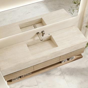 Preview: Muxing Badmöbel-Set mit Sinterstein-Waschbecken in Travertine look, verdecktem Ablauf, Spiegel, Unterschrank, Ablage, Ablaufgarnitur【XP1498BKK】