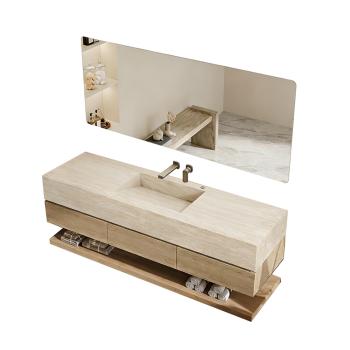 Muxing Badmöbel-Set mit Sinterstein-Waschbecken in Travertine look, verdecktem Ablauf, Spiegel, Unterschrank, Ablage, Ablaufgarnitur【XP1498BKK】