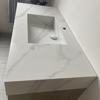 Waschbecken Holzmaserung Unterschrank aus Sinterstein Weiß Arbeitsplatte Set Spiegel【YT3256 K】