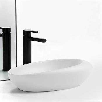 MuXing Keramik Aufsatzwaschbecken – Badezimmer Waschbecken für Zuhause, inkl. schwarzem Wasserhahn & Zubehör, Weiß, 58×37×13 cm /QT580/