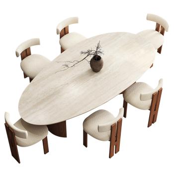 Essgruppe 7-teilig mit Esstisch und 6 Stühlen, Mehrpersonen-Esstisch, Travertin-Optik, 200 x 100 x 75 cm