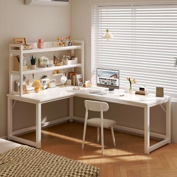 MuXing L-förmiger Schreibtisch mit Regal, Eckschreibtisch für Zuhause, Computertisch, platzsparender Arbeitstisch Cremeweiß 120×80×75 cm 【FY-0321】