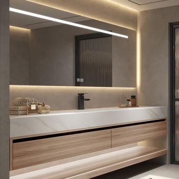 Preview: Muxing Waschbecken weiß Arbeitsplatte Holzmaserung Unterschrank Set mit Spiegel