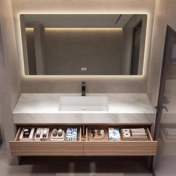 Preview: Muxing Waschbecken weiß Arbeitsplatte Holzmaserung Unterschrank Set mit Spiegel