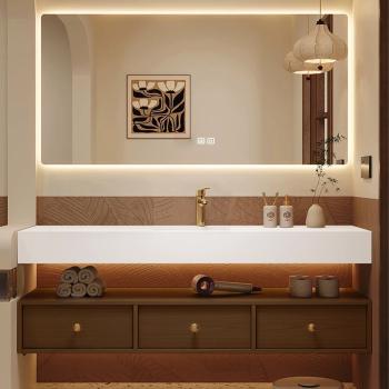 MuXing Elegantes Badezimmer-Set – Weißes Keramik-Waschbecken mit braunem Schrank, LED-Antibeschlagspiegel & 3 geräumige Schubladen 120×55 cm 【C805】