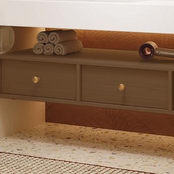 MuXing Elegantes Badezimmer-Set – Weißes Keramik-Waschbecken mit braunem Schrank, LED-Antibeschlagspiegel & 3 geräumige Schubladen 120×55 cm 【C805】