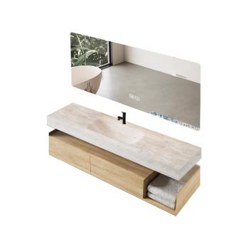 MuXing Wandhängendes Badezimmermöbel-Set, thermogeformtes Waschbecken mit Hahnloch, LED-Spiegel, Schubladenschrank, inkl. Abflussgarnitur 120×55 cm 【R208】