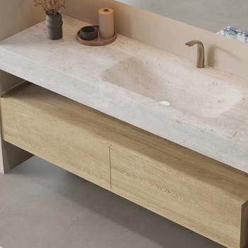 Preview: MuXing Wandhängendes Badezimmermöbel-Set, thermogeformtes Waschbecken mit Hahnloch, LED-Spiegel, Schubladenschrank, inkl. Abflussgarnitur 120×55 cm 【R208】