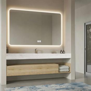 MuXing Wandhängendes Badezimmermöbel-Set, thermogeformtes Waschbecken mit Hahnloch, LED-Spiegel, Schubladenschrank, inkl. Abflussgarnitur 120×55 cm 【R208】