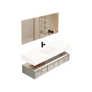MuXing Badezimmer-Set, weißes thermogeformtes Waschbecken, LED-Spiegel, Schubladenschrank, inkl. Abflussgarnitur, wandhängendes Möbel 120×55 cm 【R255】