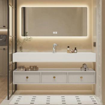 MuXing Badezimmer-Set, weißes thermogeformtes Waschbecken, LED-Spiegel, Schubladenschrank, inkl. Abflussgarnitur, wandhängendes Möbel 120×55 cm 【R255】