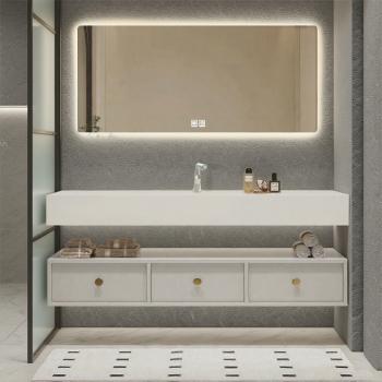 MuXing Badezimmer-Set, weißes thermogeformtes Waschbecken, LED-Spiegel, Schubladenschrank, inkl. Abflussgarnitur, wandhängendes Möbel 120×55 cm 【R255】