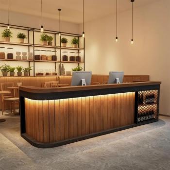 Preview: Muxing Bartheke mit LED-Ambientebeleuchtung, gewerbliche Bartheke, Bartheke im Retro-Holzdesign, Bartheke mit abgerundeten Ecken