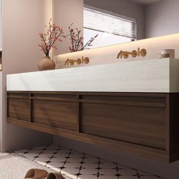 Preview: Muxing Waschbecken aus Keramik Waschbecken Doppelspüle Spüle mit zwei Becken Waschtisch-Set mit LED-Spiegel und Schränk, Spüle ohne Armaturloch