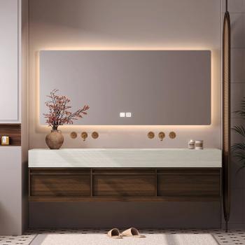 Preview: Muxing Waschbecken aus Keramik Waschbecken Doppelspüle Spüle mit zwei Becken Waschtisch-Set mit LED-Spiegel und Schränk, Spüle ohne Armaturloch