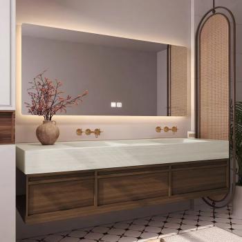 Preview: Muxing Waschbecken aus Keramik Waschbecken Doppelspüle Spüle mit zwei Becken Waschtisch-Set mit LED-Spiegel und Schränk, Spüle ohne Armaturloch