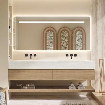 Muxing Waschbecken Doppelspüle Spüle mit zwei Becken Waschbecken Set Spüle ohne Armaturenloch Keramik mit  LED-Spiegel, Ablageplatte, Schrank