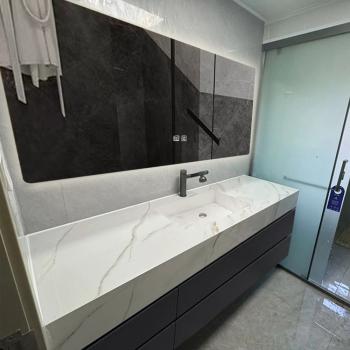 Preview: Muxing Keramik Waschbecken mit Schrank und LED-Beleuchtung, Anti-Beschlag-Funktion – Modernes 4-teiliges Badezimmer-Spiegel-Set