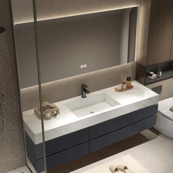 Muxing Keramik Waschbecken mit Schrank und LED-Beleuchtung, Anti-Beschlag-Funktion – Modernes 4-teiliges Badezimmer-Spiegel-Set