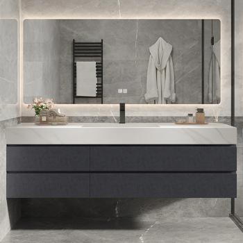 Preview: Muxing Keramik Waschbecken mit Schrank und LED-Beleuchtung, Anti-Beschlag-Funktion – Modernes 4-teiliges Badezimmer-Spiegel-Set