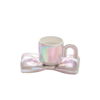 Muxing Schleifen-Design Keramik-Tasse mit Untertasse, traumhaft elegante Kaffee-Tasse, hochwertiges Set für die Nachmittagstee-Zeit