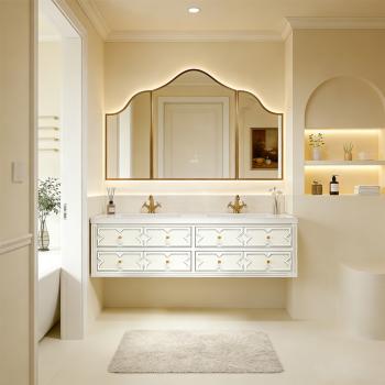 MuXing Sinterstein Waschbecken Set, Badezimmer Waschtisch Set, Spiegelschrank, Modernes Badmöbel Set, mit Armaturenloch 130*55cm