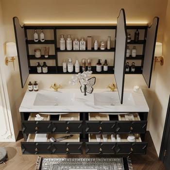 MuXing Sinterstein Waschbecken Set, Badezimmer Waschtisch Set, Spiegelschrank, Modernes Badmöbel Set, mit Armaturenloch 130*55cm