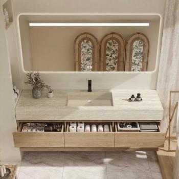 Muxing Wandhängendes Waschbecken-Set - Sinterstein - Travertine look, mit Spiegel, Unterschrank, Ablage & Ablauf, mit Armaturenloch【YT9865-K】