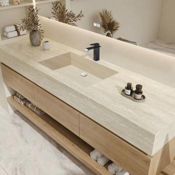 Muxing Wandhängendes Waschbecken-Set - Sinterstein - Travertine look, mit Spiegel, Unterschrank, Ablage & Ablauf, mit Armaturenloch【YT9865-K】