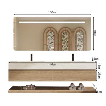 Muxing Wandhängendes Doppelwaschbecken-Set, Travertine look, mit Spiegel, Unterschrank, Sinterstein, mit Armaturenloch【RW4822 K】
