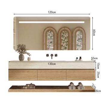 Muxing Wandhängendes Waschbecken-Set - Sinterstein - Travertine look,mit Spiegel, Unterschrank, Ablage & Ablauf, ohne Armaturenloch【RW9865 BKK】