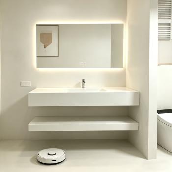 Preview: Muxing Waschbecken mit LED-Spiegel Waschbecken aus Sinterstein mit Ablageplatte Beige 【RWCB303】