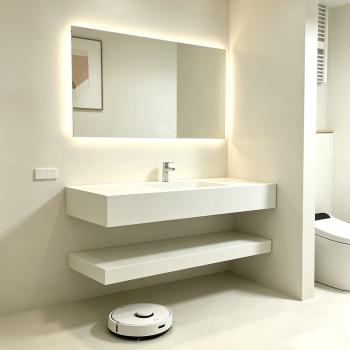 Preview: Muxing Waschbecken mit LED-Spiegel Waschbecken aus Sinterstein mit Ablageplatte Beige 【RWCB303】