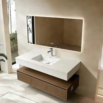 Muxing Integriertes Waschbecken aus Sinterstein-Keramik, Wandwaschbecken mit Hahnloch, Badezimmerschrank mit Schublade und LED-Spiegel 120*55cm 【YBTC383-120】