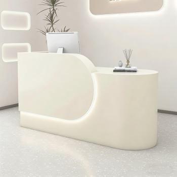 Preview: Muxing Bartheke, Kassentresen, Verkaufstresen, mit LED-Beleuchtung, geeignet für Restaurant, Geschäft, Beige【M HYH】