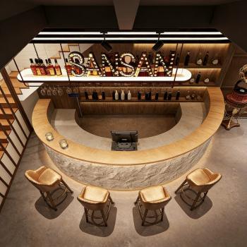 Preview: MuXing Runde Bartheke mit Kunststeinfront in Natursteinoptik – Empfangstheke mit LED für Café, Bar, Hotel, Restaurant,Grau