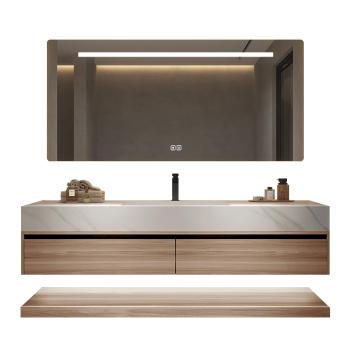 Muxing Waschbecken weiß Arbeitsplatte Holzmaserung Unterschrank Set mit Spiegel【RW3256】