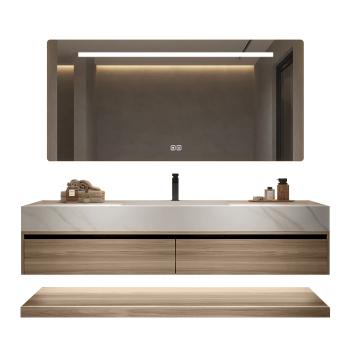 Muxing Waschbecken weiß Arbeitsplatte Holzmaserung Unterschrank Set mit Spiegel【3256】