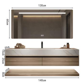 Muxing Waschbecken weiß Arbeitsplatte Holzmaserung Unterschrank Set mit Spiegel【3256】