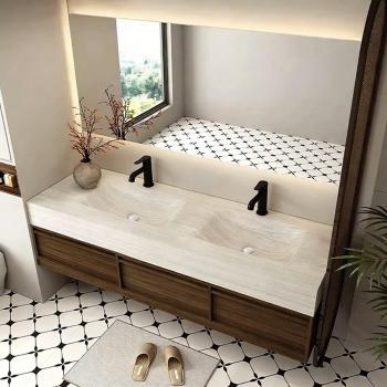 Muxing Waschbecken aus Keramik Waschbecken Doppelspüle Spüle mit zwei Becken Waschtisch-Set mit LED-Spiegel und Schränk【RW3318】