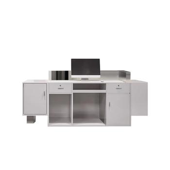 Muxing Theke, kommerzieller Empfangstresen, Metallstruktur, graue Steinoptik-Oberfläche, geeignet für Café, Geschäft, Empfang