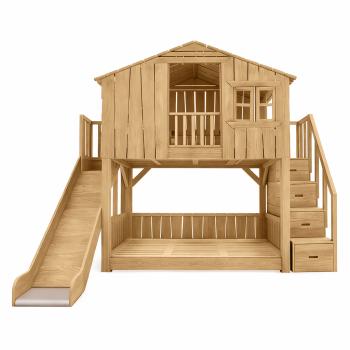 Muxing Hausbett Hochbett Spielbett Etagenbett Kinderbett 1500x2000mm Rutschen+Stufen mit Stauraum Birkenholz farbe