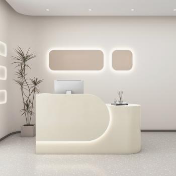 Preview: Muxing Bartheke, Kassentresen, Verkaufstresen, mit LED-Beleuchtung, geeignet für Restaurant, Geschäft, Beige