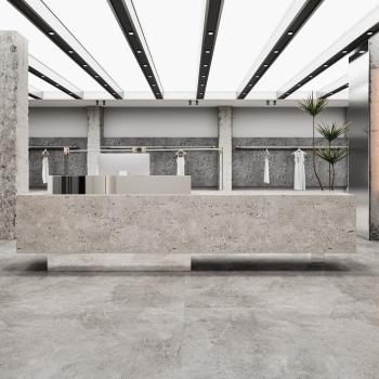 Preview: Muxing Theke, kommerzieller Empfangstresen, Metallstruktur, graue Steinoptik-Oberfläche, geeignet für Café, Geschäft, Empfang