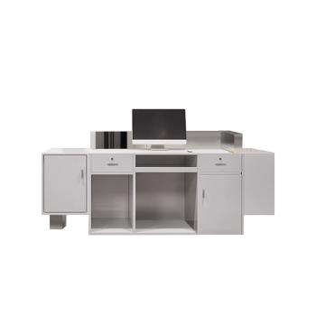 Preview: Muxing Theke, kommerzieller Empfangstresen, Metallstruktur, graue Steinoptik-Oberfläche, geeignet für Café, Geschäft, Empfang